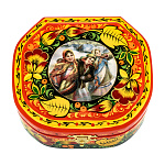 100454 120*100мм Хохлома Шкатулка Р31 "РУССКИЕ КРАСАВИЦЫ. ЦВЕТЫ" красный фон