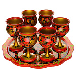 4281/СН/СРЕДНИЙ Хохлома питейный Набор ВИННЫЙ  на подносе на 6 персон: поднос.д 35см бок.выс. 18см