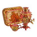 100289 САМОВАР эл. ЖЕЛУДЬ 3л "КУДРИНА" на красном 3 пр. поднос прямоуг.