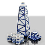0017417 Гжель Штоф "НЕФТЯНАЯ ВЫШКА" в наборе 6 стопок авт.Ларин 