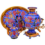 0076448 Хохлома САМОВАР эллектрический СНЕГИРИ, голуб,поднос овал,5л