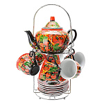 0015197  Хохлома СЕРВИЗ ЧАЙНЫЙ на подставке на 6 персон КРУГЛАЯ ПОДСТАВКА