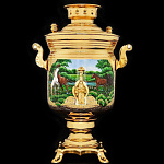 6916/цветной Златоуст Самовар электрический "Кони мои, кони..." 3л Латунь, Эмаль Золото