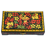 0080399 ХОХЛОМА ШКАТУЛКА "Рябина. Птичка" 18*10*4 (черный фон) Р11