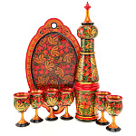 00697721  Хохлома НАБОР ВИННЫЙ КЛУБНИКА на овальном подносе: штоф+6 рюмки