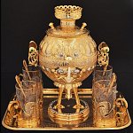 0021850/НБ Златоуст НАБОР С САМОВАРОМ "Петушок" 3л. +поднос + 4подстаканника