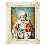 0059643 ИКОНА рукописная "НИКОЛАЙ ЧУДОТВОРЕЦ" 19*23,5см (рама белая, подставка) перламутр