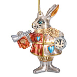  КЕРАМИКА Скульптура-подвес КРОЛИК С ЧАСАМИ серебрянный в красном костюме 12 см