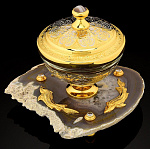 0046993 Нат.камень Икорница "Три рыбки на агате"позолота 115*115*105мм (8682)