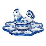 202923 Гжель тарелка Пасхальная с солонкой в кобальте  