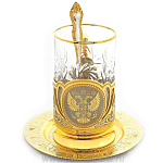 5726 Златоуст Подстаканник "Герб"со стаканом и ложкой, на блюдце, в П/У