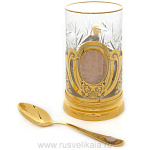 6087/№1 Златоуст Подстаканник+стакан+ложка"Розовый кварц" (Кабошоны) в ассортименте (261)