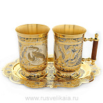 26266 Златоуст НАБОР: 2 Пивные кружки+блюдо, позолота, кап березы, черн. серебра,в ПУ (264) 