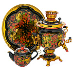 12159 Самовар электрический  "Хохломской ЯГОДЫ" 3л в наборе 3 предм,Орех,кругл