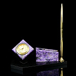 0037000-чароит Златоуст ВИЗИТНИЦА настольная с Часами и ручкой