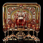 0044155 Златоуст НАБОР ДЛЯ ВИНА на 6 персон с кувшином и подносом красное стекло, фианиты, эмаль
