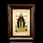 0059649 ИКОНА рукописная "Сергий РАДОНЕЖСКИЙ" 19*29см (рама белая, подставка КИОТ) перламутр
