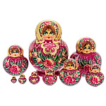 0072545 Сувенир МАТРЕШКА ЦВЕТЫ красная 10 мест 12 см