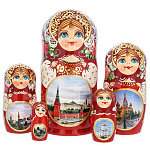 0072212 Матрешка "Москва .Кремль" красная 5 мест 19 см