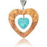 0074456 Нат.дерево КУЛОН ДВА СЕРДЦА, Карел береза,бирюза