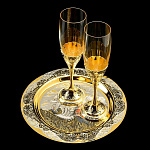 0036443 Златоуст НАБОР "Лебеди" 2 фужера+блюдо, Хрусталь,  Эмаль,чернение серебра,  в П/У (466)