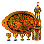 0069770  Хохлома НАБОР ВОДОЧНЫЙ КЛУБНИКА на овальном подносе: штоф+4 рюмки