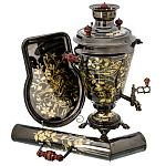 0074288/5л КОМПЛЕКТ САМОВАР+труба+поднос латунный,с худ росписПТИЦЫ и ЦВЕТЫчерн нике 5л рюмка