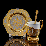 0049666 Златоуст КОФЕЙНАЯ  пара (чашка фарф. лат; блюд., лож.) 