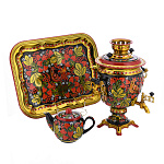 100290 САМОВАР эл. ЖЕЛУДЬ 3л "ПЕТУШОК" клубника на черном  3 пр. поднос прямоуг.