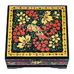 0020577/12*11,5см Хохлома Шкатулка Хохлома "ПТИЦА.РЯБИНА" 12*11,5см Р18