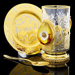  Златоуст ПОДСТАКАННИК "БОЖЬЯ КОРОВКА"просечной с ложкой +блюдце,позолота в П/У