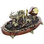 24372 Бронза ЧАСЫ "Охота на оленя" Обсидиан , Яшма, Аметист, в П/У 