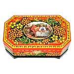 100445 /17*10см-углы Хохлома Шкатулка Сюжет "Летний вечар. РЯБИНА" красный фон Р5 