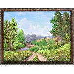 0050879/1954 Нат.камень КАРТИНА "Мостик через речку" багет№4 30*40см 