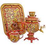 0074732 Самовар электрический "Хохлома КУДРИНА"красная с белым 3л орех