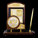 0055561 Златоуст ПИСЬМЕННЫЙ НАБОР настольный "ГЕРБ РФ" позолота, эмаль  в ПУ с ручкой