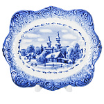  Гжель Тарелка сувенирная настенная ЗИМА В ДЕРЕВНЕ 18*15 см