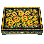 67892 Хохлома Шкатулка для документов А4 "ЦВЕТЫ" на черном 33*24см  Р 15
