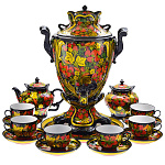0023146-черно-золотой СЕРВИЗ С САМОВАРОМ Фарфоровый 4,5л "ХОХЛОМСКИЕ УЗОРЫ" 6персон. 