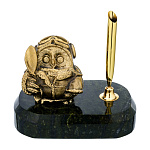 0139241/ручка Бронза Скульптура "Сова-летчик" подст.дерево/змеевик