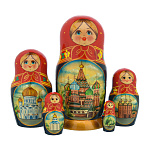 25504  -5м18см Матрешка "ХРАМ ВАСИЛИЯ БЛАЖЕННОГО" Гуашь красный платок