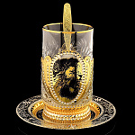  Златоуст ПОДСТАКАННИК "ЛЕВ"просечной с ложкой +блюдце,позолота в П/У