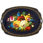 202964/40*30 Поднос с росписью "ЦВЕТЫ" прямоуг с фигурн боком (фон син)