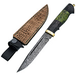 0074966 Оружие сувенирное Нож "Рысь"дамаск,рук-кар. береза, ножны кожа, в шкат,зел