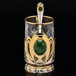 0012216-нефрит Златоуст Подстаканник+стакан+ложка (нефрит.ручка, кабошоны)  в ПУ (11) 