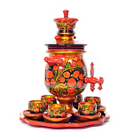  Хохлома НАБОР С САМОВАРОМ на 6 персон, 15 предметов ДЕРЕВО, РОСПИСЬ