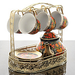 0018842/Зол  Хохлома СЕРВИЗ чайный в золоте на подставке на 6 персон.