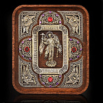 /12,5*14,5см Юв. Миниатюра Икона на дереве "АНГЕЛ ХРАНИТЕЛЬ" Бронза, Гранат