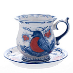 0064101 Гжель Бокал "СНЕГИРИ" с блюдцем в цвете Авт. Алехина Г.