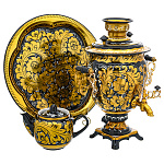 0076151 Самовар электрический КУДРИНА ЗОЛОТАЯ с бел поднос кругл желудь 3 предм.